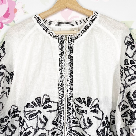 Chico’s Floral Boho Embroidered Linen Zip Up Blouse XL - Picture 2 of 13